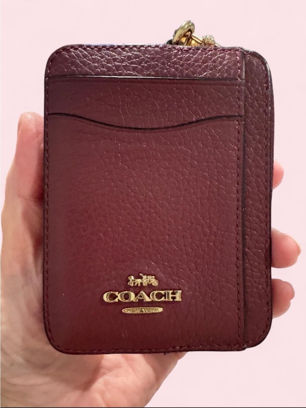 COACH Burgundy Pebbled Leather Card Case with Gold Logo